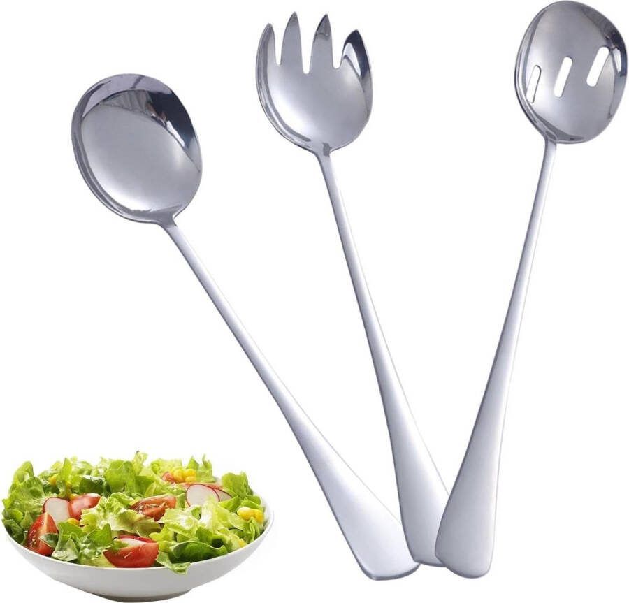 Saladebestekset 3 stuks besteksets roestvrij staal slalepels en saladevorken van roestvrij staal saladelepels voor familie hotels restaurants (zilver)