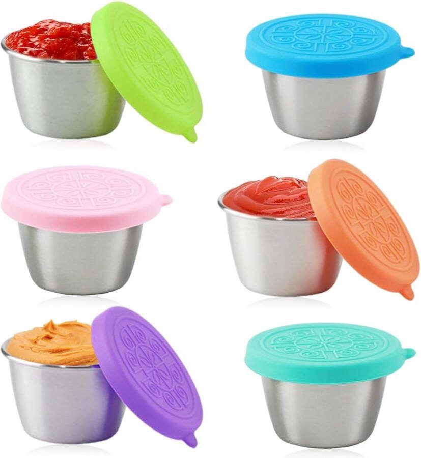 Saladecontainer 6 x 70 ml kleine roestvrijstalen kruidencontainer voedselopslagcontainers met deksel dressingcontainer herbruikbare mini-sauscontainer snackdoos voedselcontainerset