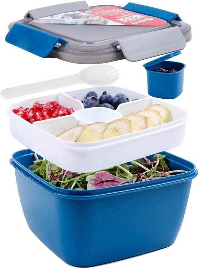 Saladecontainer lunchcontainer Bento Box voor lunch 3 vakken voor salade en snacks slakom met dressingcontainer lekvrij magnetronbestendig 1500 ml donkerblauw