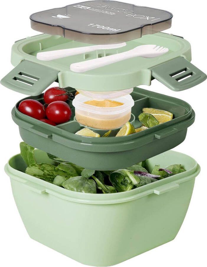 Saladecontainer met onderverdeling vakken lunchbox met bestek voor volwassenen en kinderen saladebox voor school werk picknick reizen lekvrij 1700 ml groen Merk: Greentainer