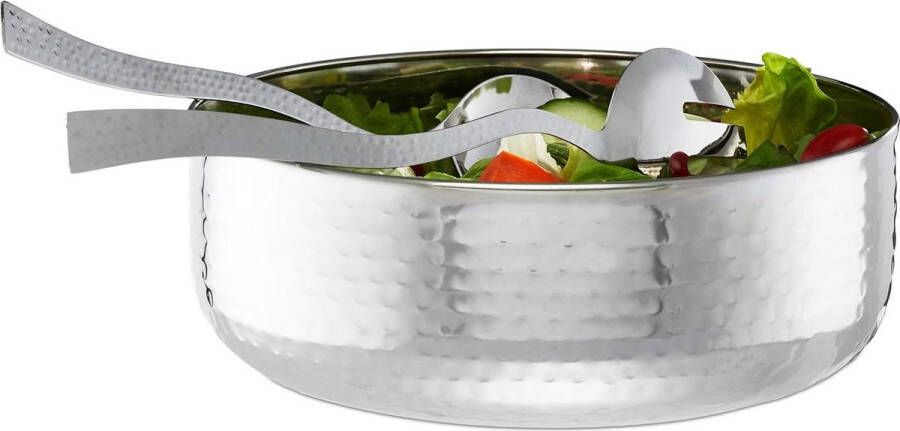 Saladekom 3-delige set met bestek 30 cm roestvrij staal vaatwasserbestendig schaal ∅ 28 cm zilverkleurig Inclusief Serveerset Schalen set