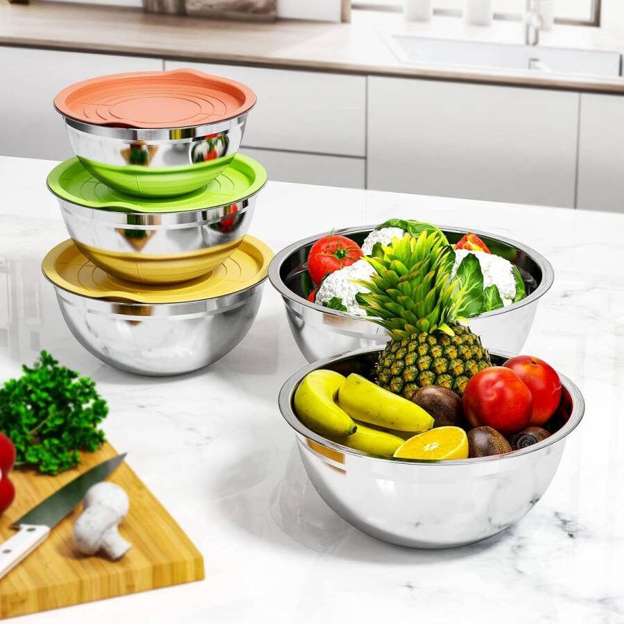 Saladekom 5-delige set mengkom van roestvrij staal met luchtdicht deksel 4 5 l 3 5 l 2 5 l 2 l 1 4 l keukenaid kommen zijn stapelbaar en vaatwasmachinebestendig voor het mengen en