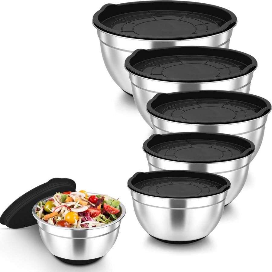 Saladekommen met deksel 6-delige roestvrijstalen komset 46 l 28 l 25 l 16 l 15 l 07 l stapelbaar en vaatwasmachinebestendig voor bakken koken zwart