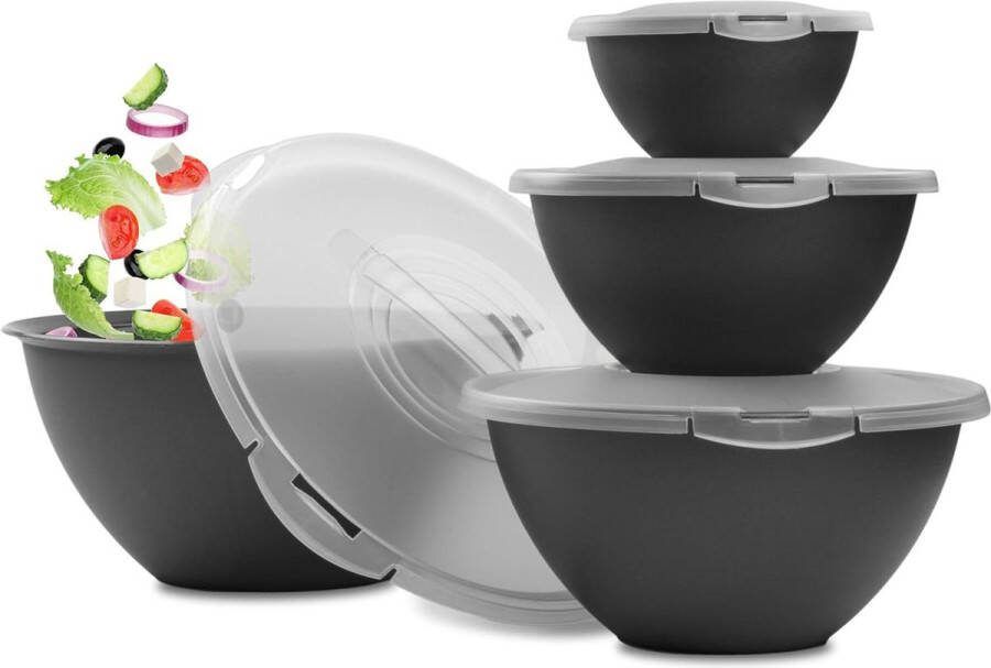 Saladekommen set groot met deksel kommenset 6 liter antraciet-zwart BPA-vrij