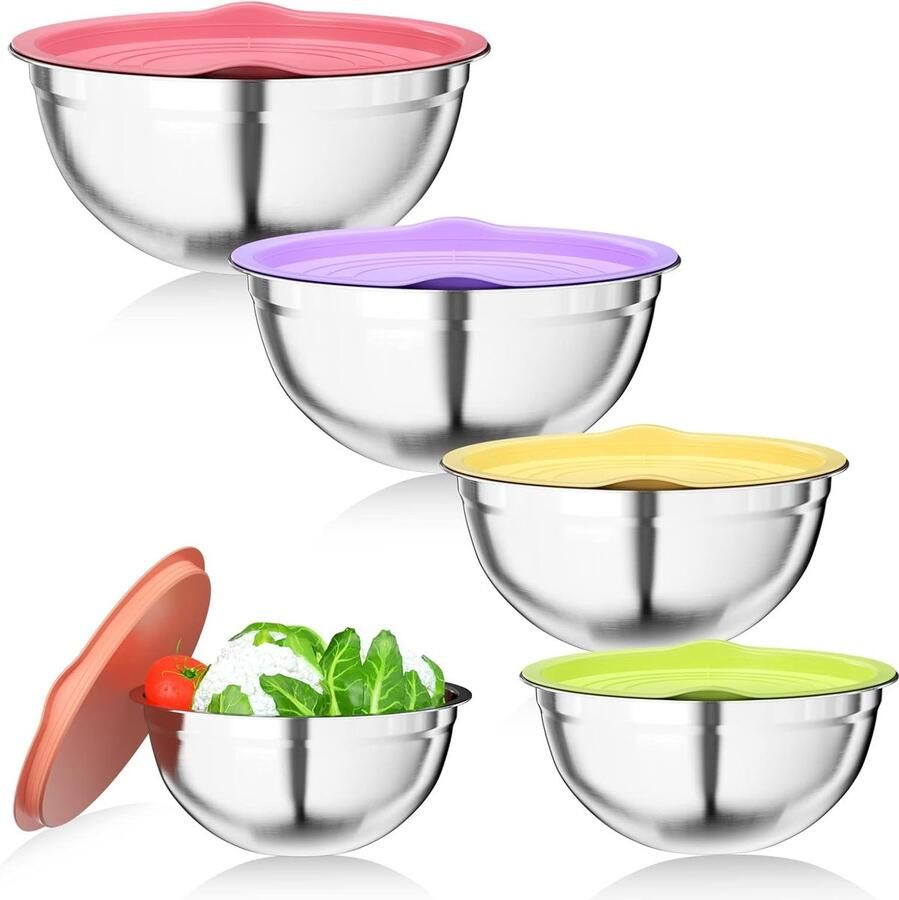 Saladekommen van roestvrij staal met luchtdicht deksel 4 5 l 3 5 l 2 5 l 2 5 l 2 l 1 4 l keukenhulpkom zijn stapelbaar en vaatwasmachinebestendig voor het mengen en serveren