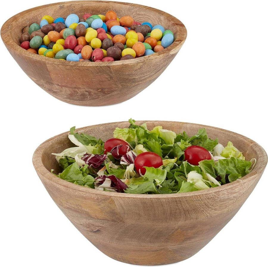 Saladeschaal set van 2 mangohout Ø 23 en 29 cm Ronde serveerschalen voor snacks Fruitschaal bruin