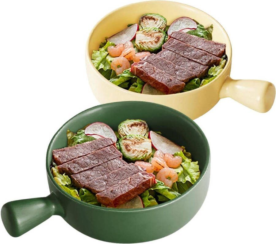 Saladeschalen Met Handvat 2 Stuks 660ml Aardewerk Soepkommen Ramen Kom Dessertschalen Voor Muesli Salade Soep Cornflakes Ontbijt Vaatwasserbestendig Soepkopjes Matcha Groen + Melk Geel