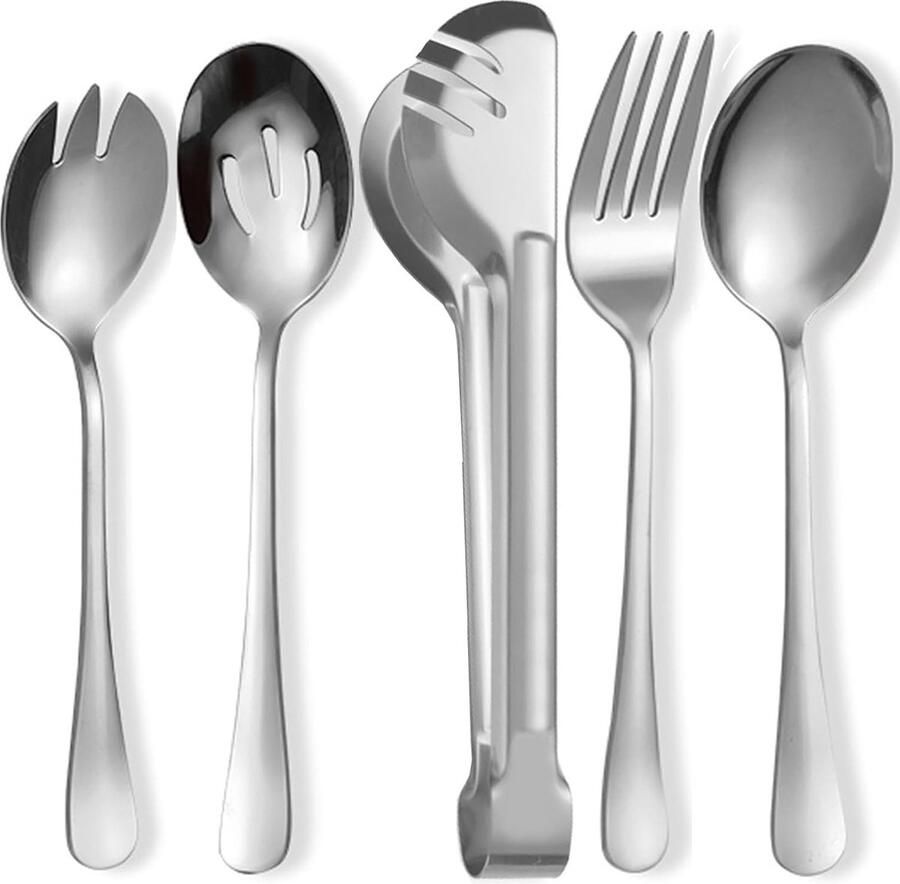 Saladeserverset 5-delige roestvrijstalen saladelepels saladevorken serveerlepels vorken en spaghettitangen saladeservers roestvrijstalen serveerlepels grote set gemaakt van roestvrij staal