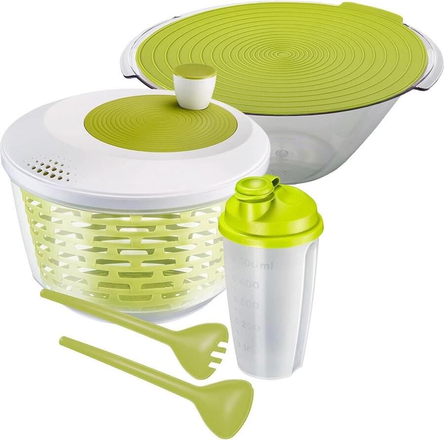 Saladeset 4-delig slacentrifuge kom bestek- en dressingshaker kunststof transparant wit groen