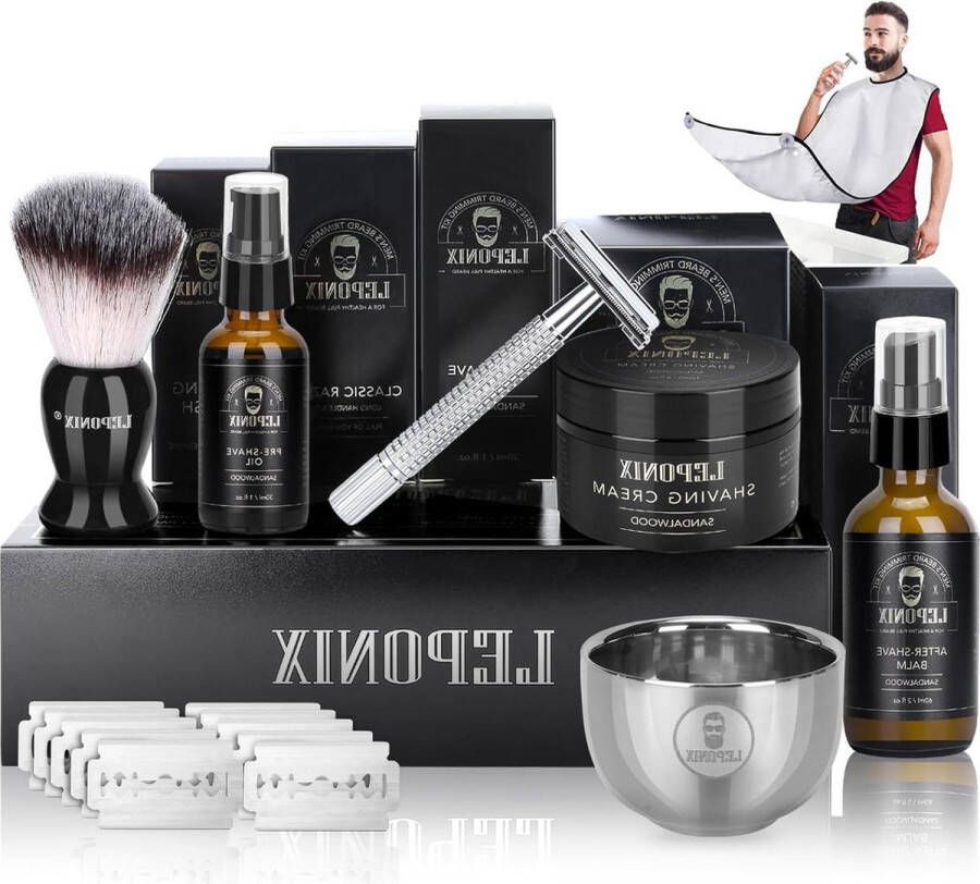 Sandelhout scheerset voor mannen veiligheidsscheermes scheercrème pre-scheerolie aftershave balsem scheerborstel scheerschort cadeauset voor hem