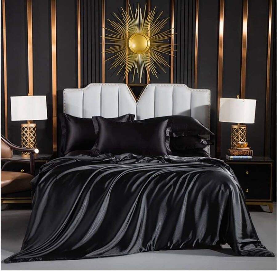 Satijnen beddengoed 135 x 200 cm 4-delig zwart glanzend zijde eenpersoonsbed met ritssluiting en kussenslopen 80 x 80 cm