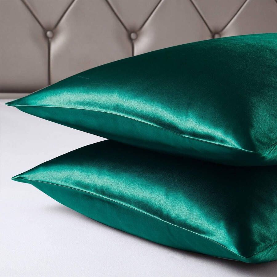 Satijnen kussenslopen voor haar en huid 100% zijdeachtig luxe satijnen kussenhoezen met hotelsluiting hoofdkussensloop zachte en ademende kussenslopen 40 x 60 cm groen set van 2