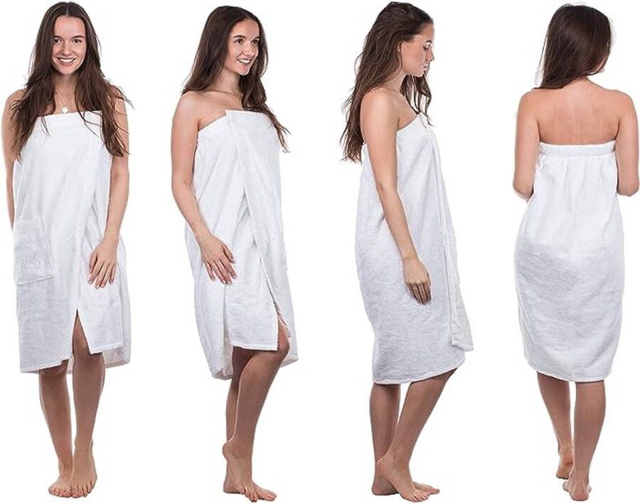 Sauna sarong voor dames saunakilt S-XXL met draagriemen elastiek en kraag met merk sabel logo 100% katoen wit