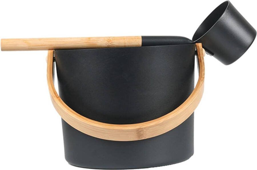 Saunakemmer 2-delige set van 7 liter aluminium saunakakel met lange handgreep lepel sauna-accessoires sauna-accessoireset met opgietbak sauna-emmerset (zwart)