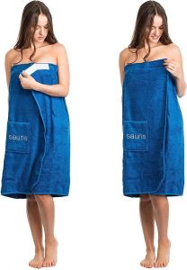 Saunakilt voor dames sauna-arong S-XXL met klittenbandsluiting elastiek en tas 100% katoen blauw