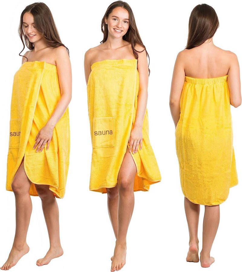 Saunakilt voor dames sauna-arong S-XXL met klittenbandsluiting elastiek en tas 100% katoen geel