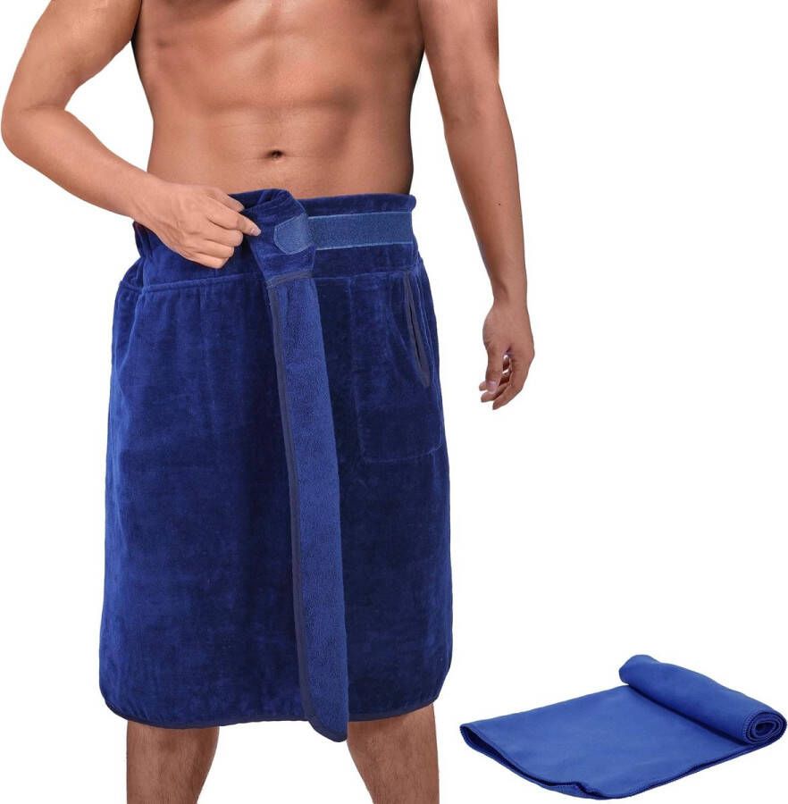Saunakilt voor heren katoen – blauw – saunahanddoek in één maat met klittenbandsluiting 60 x 146 cm + plus: handdoek
