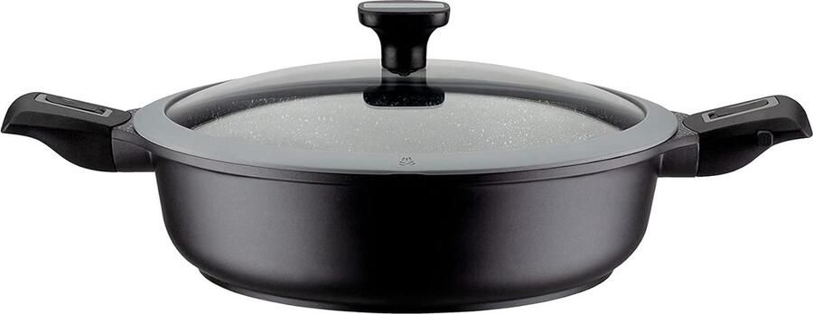 Sauteerpan 28 cm met glazen deksel 5-delig en afneembare handgrepen aluminium kunststof glas siliconen zwart Vertaling: Sauteerpan van 28 cm met glazen deksel 5-delig en afneembare handgrepen van aluminium kunststof glas siliconen zwart