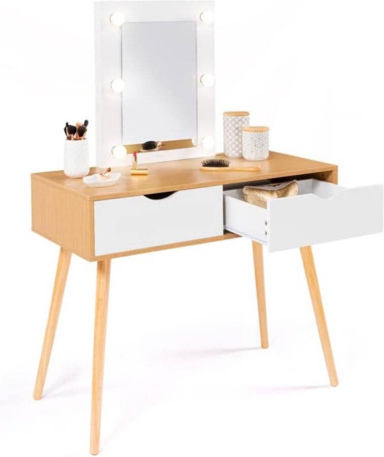 Scandinavische make-uptafel met 2 laden hout en wit met led-spiegel