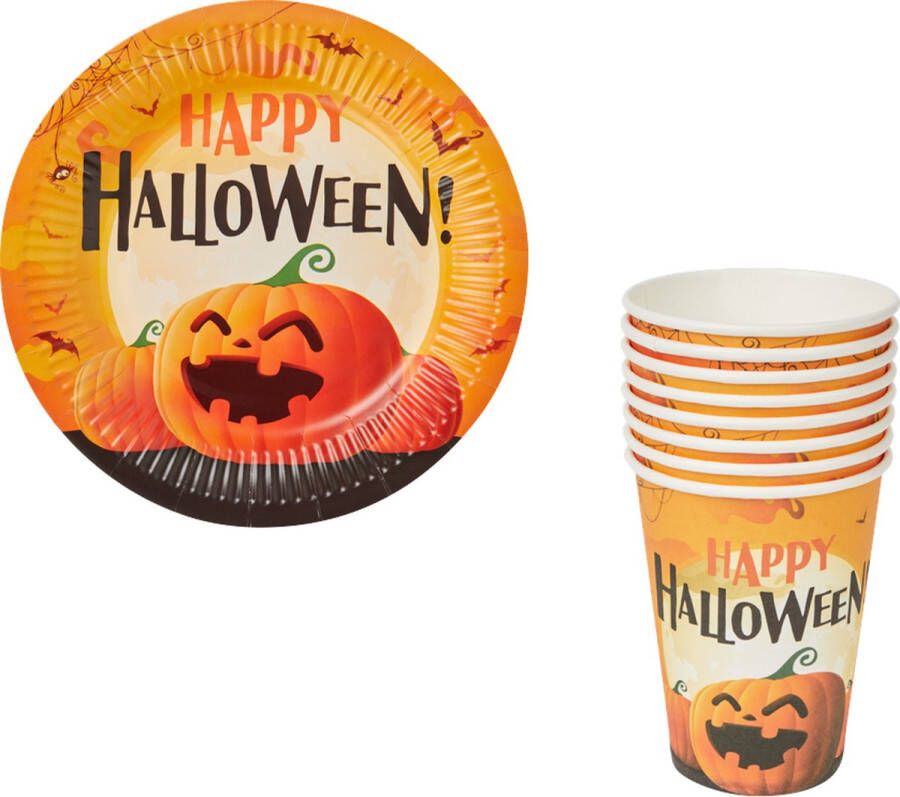 Scary Pompoen 8 borden en bekers Karton Oranje Zwart 19 cm Happy Halloween