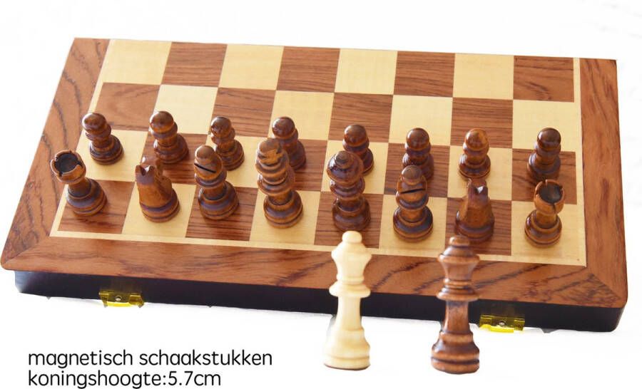 Schaakbord van hout–magnetisch inklapbaar reis schaakspel met schaakstukken 29cm premium kwaliteit