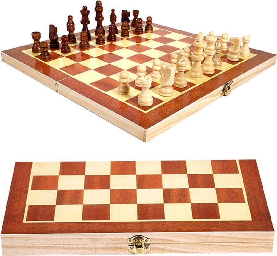 Schaakspel dammen backgammon groot in hout 3in1