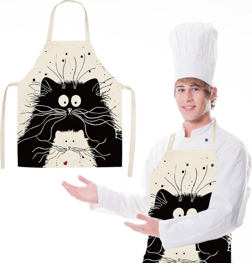 Schattig kattenschort van linnen schort voor huis en keuken keukenschort voor volwassenen en kinderen Wit M