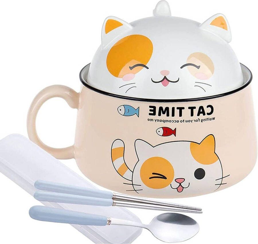 Schattige kat ramenkom met deksel en handvat 1020 ml keramische kom voor instant noedels soep pasta en dessert