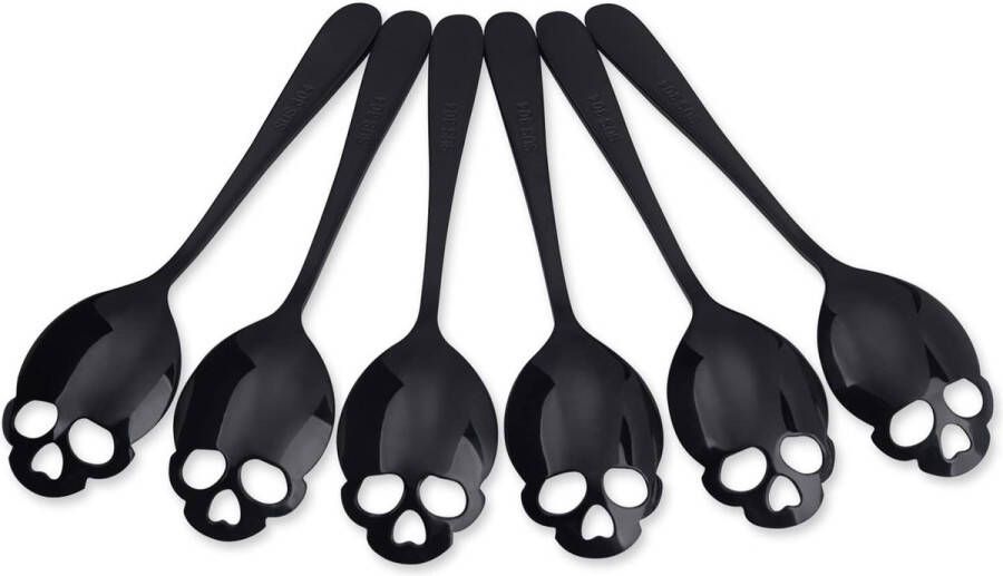 Schedellepels Set van 6 zwarte roestvrijstalen 18 8 mooie schedeltheelepels menglepel koffielepel schedellepels set geweldig cadeau-idee voor Halloween vaatwasmachinebestendig