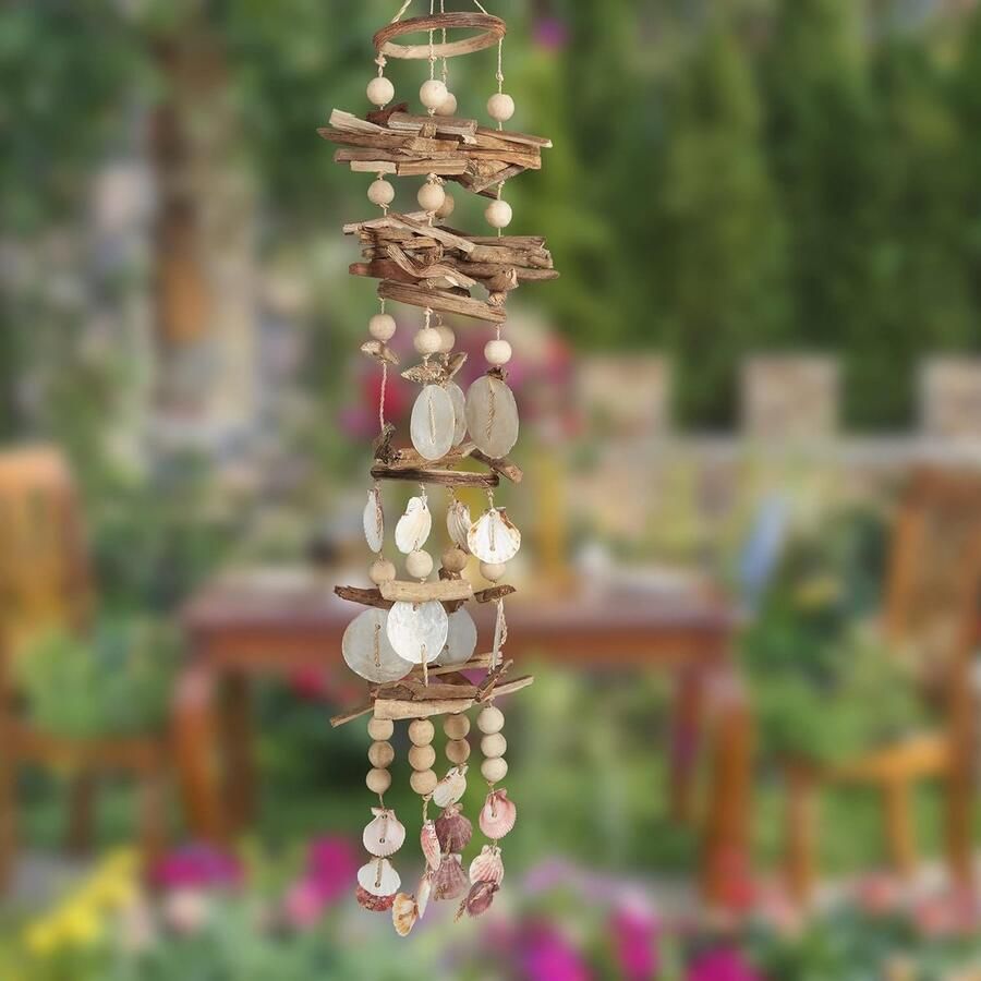 Schelpen windgong drijfhout maritiem decoratie voor tuin schelpenmobiel 107 cm natuur
