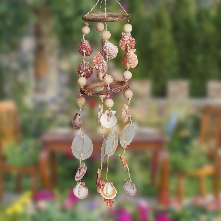 Schelpen windgong drijfhout maritiem decoratie voor tuin schelpenmobiel 75 cm natuu