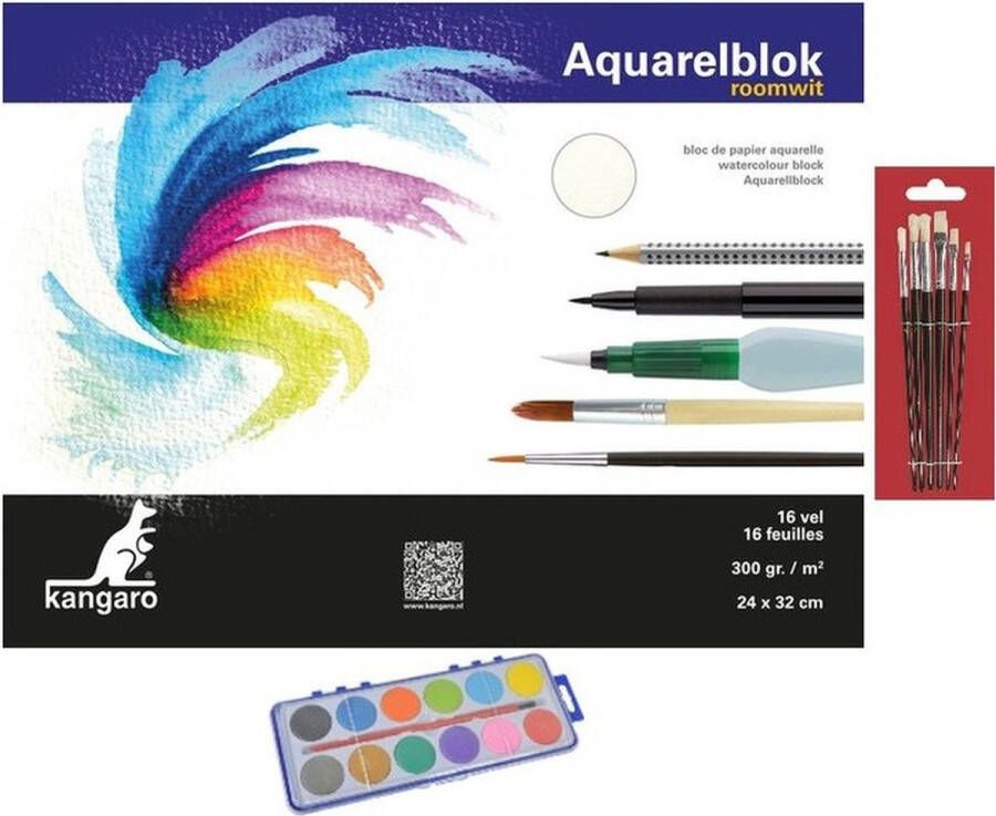 Merkloos Sans marque Schilderen waterverf set met 7 kwasten en aquarelblok 24 x 17 cm 12 kleuren verf Schmink waterverf Hobbymateriaal knutselmateriaal Aquarellen schilder benodigdheden Creatief speelgoed