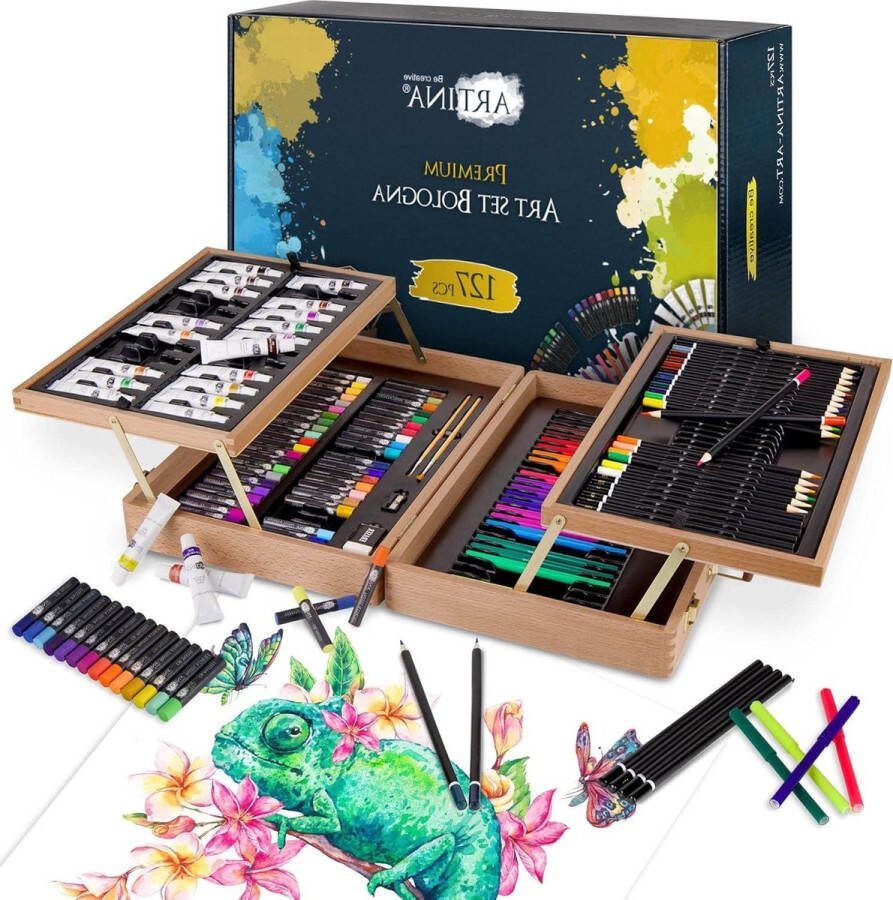 Schilderset XXL Bologna Kunstenaarset met Acrylverf Edele Schilderkoffer Houten Schilderkoffer Potloden Pastels Fijnliner Kleurpotloden Grote Tekenset Beginners 127 stuks Tekendoos