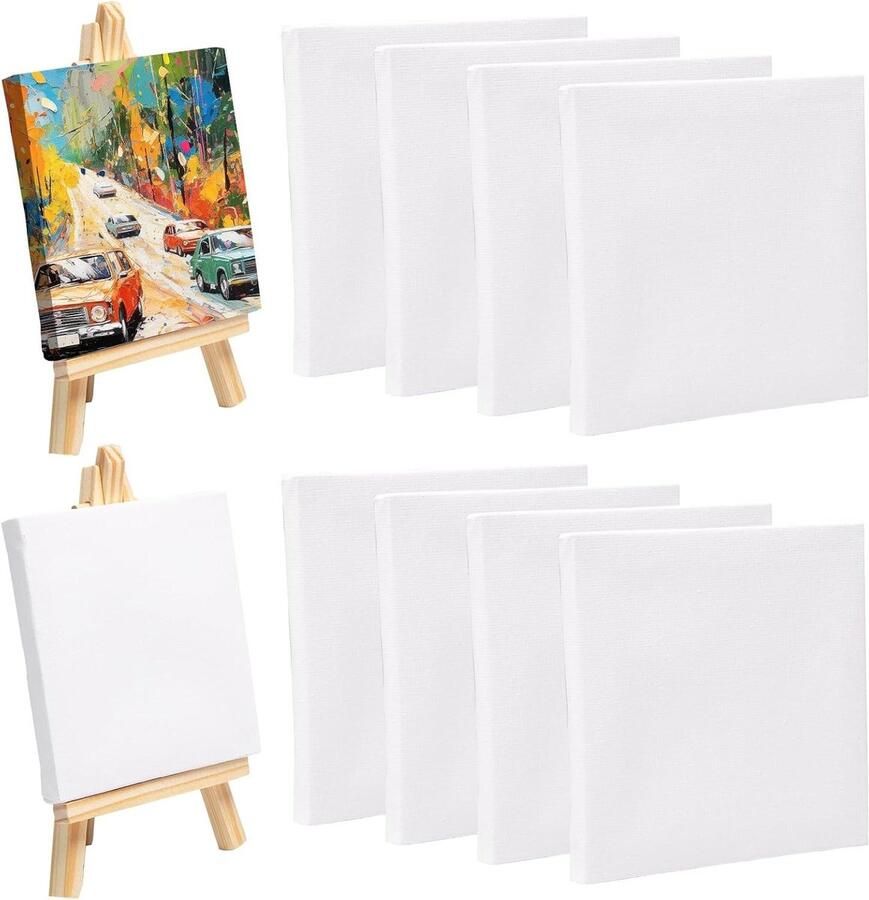 Schildersezel 8-stuks mini-canvas en 2 klein leeg canvaspaneel houten mini-ezels standaard tafelbladezel voor ambachtelijke olie acrylverf tekenkunst (10 x 10 cm)