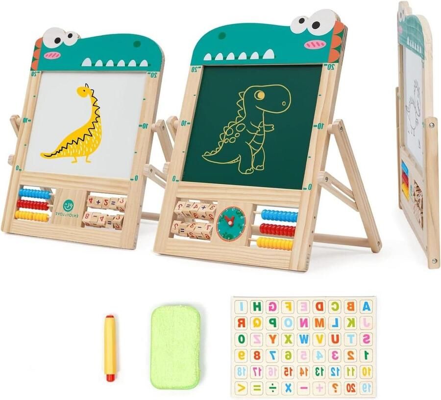 Schildersezel Houten krijtbord voor kinderen met vorm-letters-cijfers-pennen-kralen en een klok – opvouwbaar en eenvoudig op te bergen whiteboard en krijtbord in hoogte verstelbaar staand bord