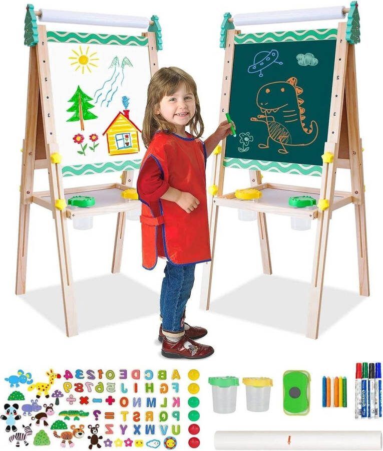 Schildersezel Kinderspeelbord van hout verstelbaar dubbelzijdig whiteboard en schoolbord met letters en cijferstickers voor kinderen en peuters groene strepen