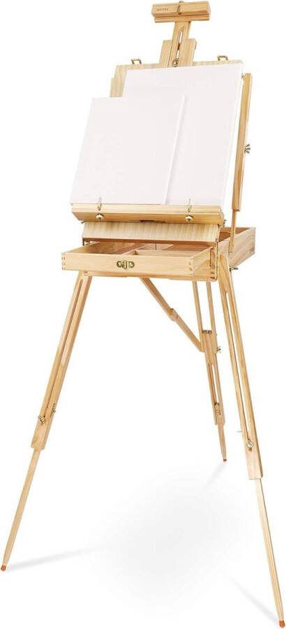 Schildersezel tafelmodel houten schildersezel voor groot schildersdoeken tot 100 cm 90° neiging tafelezel en kofferezel met geïntegreerde schilderkist en houten pallet veelzijdige schildersezel madrid schildersezel tafelmodel