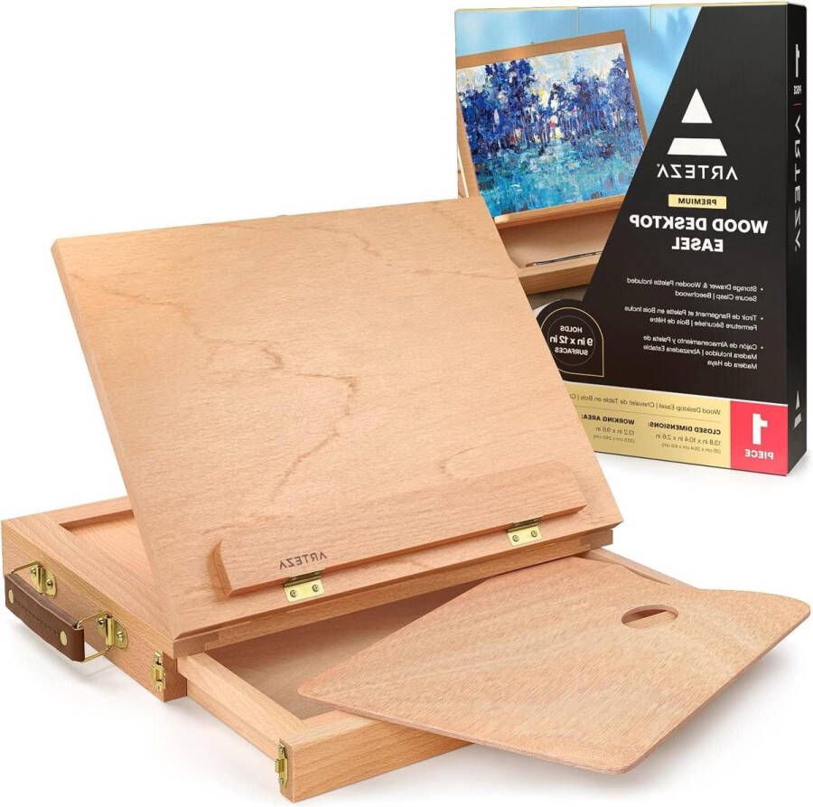 Schildersezel tafelmodel houten- tafelezel tafel-schildersezel met lade en schilderspalet voor schetsen tekenen schilderen. schildersezel tafelmodel