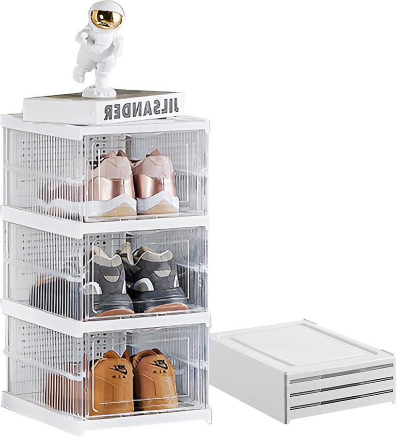 Schoenendozen Stapelbaar Transparant Schoenenorganizer Kunststof schoenenrek Schoenenkast met deur Ruimtebesparende en opvouwbare schoenenopbergdozen voor sneakers tot (L 3 niveaus)
