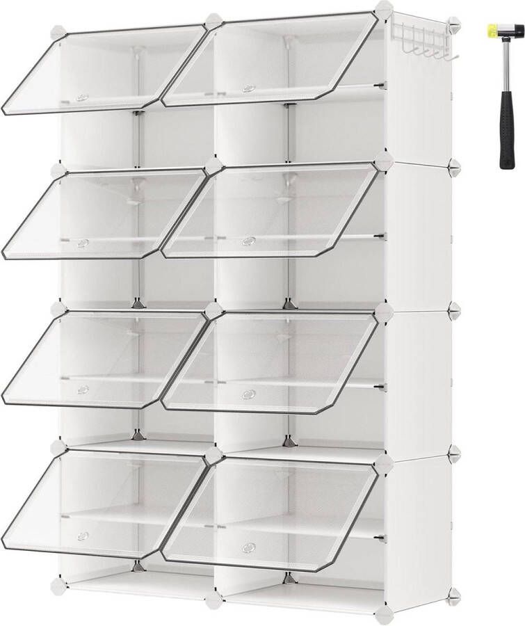Schoenenkast 8 vakken smal deuren stalen frame kunststof hal slaapkamer entree wit LPC034W01
