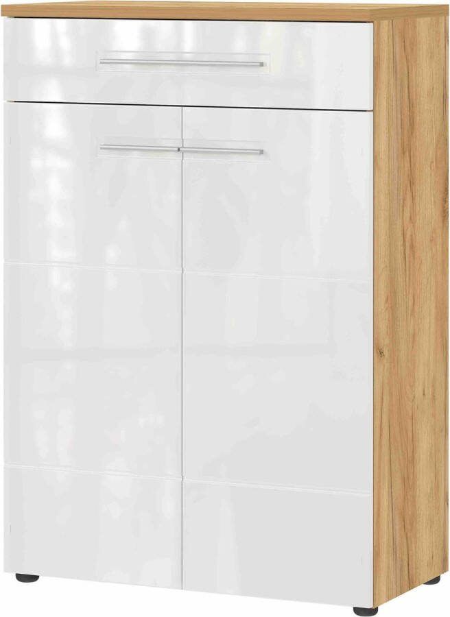 Schoenenkast Elvas Eiken Wit MDF Breedte 75 cm Hoogte 110 cm Diepte 41 cm Met lades Met planken Met openslaande deuren