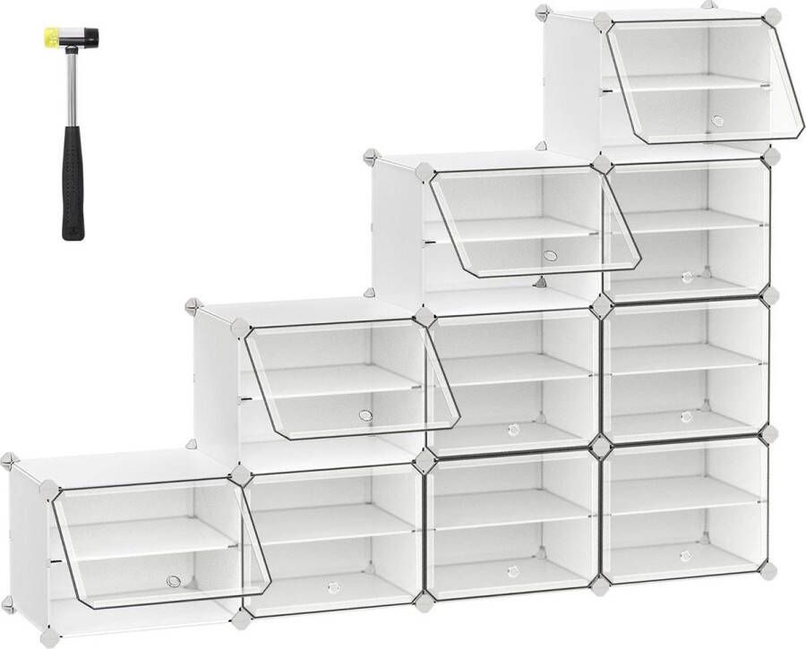 Schoenenkast smal met 10 vakken 30 x 40 x 30 cm per vak deuren stalen frame kunststof hal slaapkamer entree wit LPC035W01
