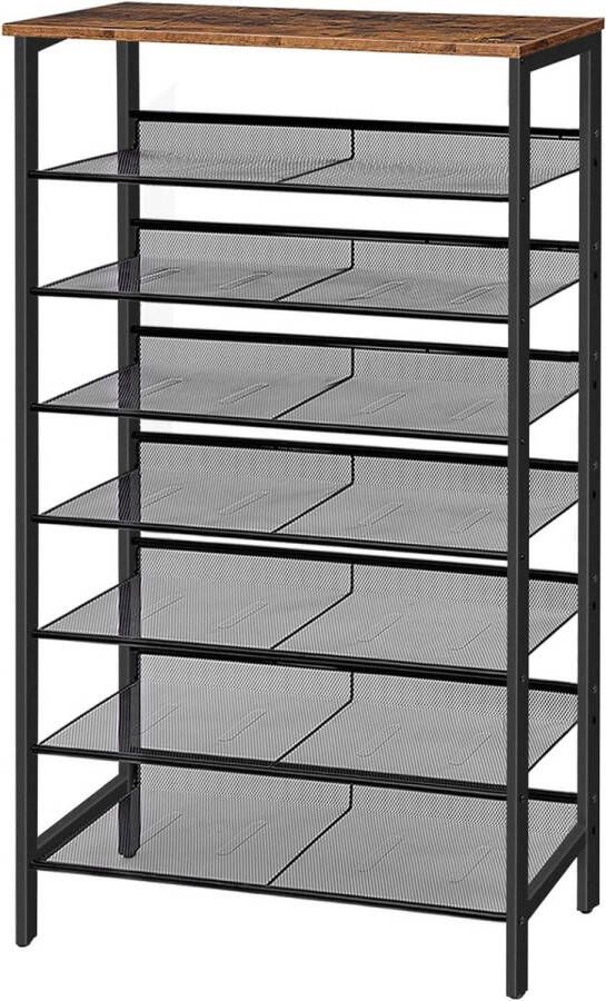 Schoenenkast smal met 8 niveaus hoog roosterplanken 75 x 30 x 137 cm vintage bruin-zwart voor entree hal 24-32 paar schoenen