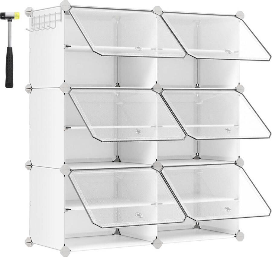 Schoenenkast van kunststof modulaire opbergkast met 6 vakken 30 x 40 x 30 cm voor elke sleuf met deuren stalen frame kunststof platen wit