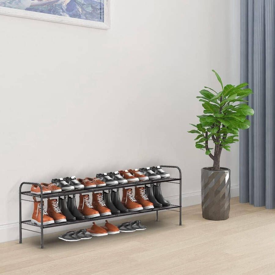 Schoenenkast Verlengd Schoenenrek met 2 Niveaus voor Entree Ruimtebesparende Grote Schoenenkast 12-15 Paar Schoenen en Laarzen Slaapkamer Garderobe Hal Zwart