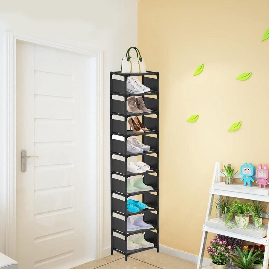 Schoenenkast Verticaal Schoenenrek Hoge Smalle Schoenenplank Ruimtebesparende Schoenorganisator voor Instapdeur Kleine Ruimte Enkele Paar Stevige Schoenenplank (10 Lagen) Zwart