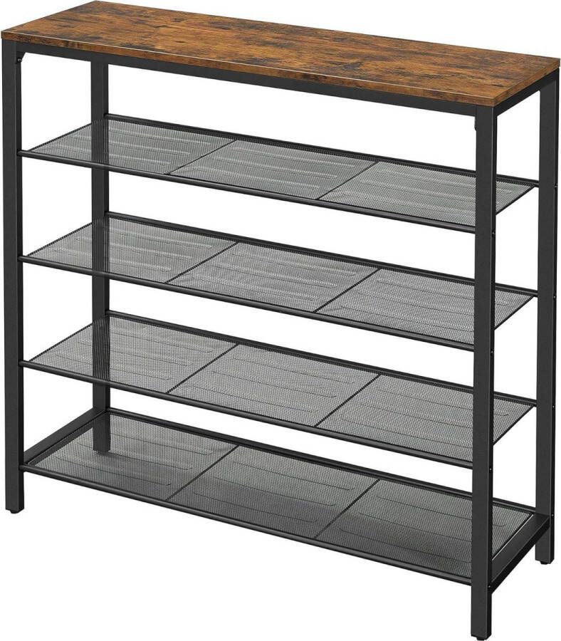 Schoenenopbergorganizer 4 gaasplanken tassen opbergrek entree hal stalen frame industrieel rustiek bruin zwart LBS15BX
