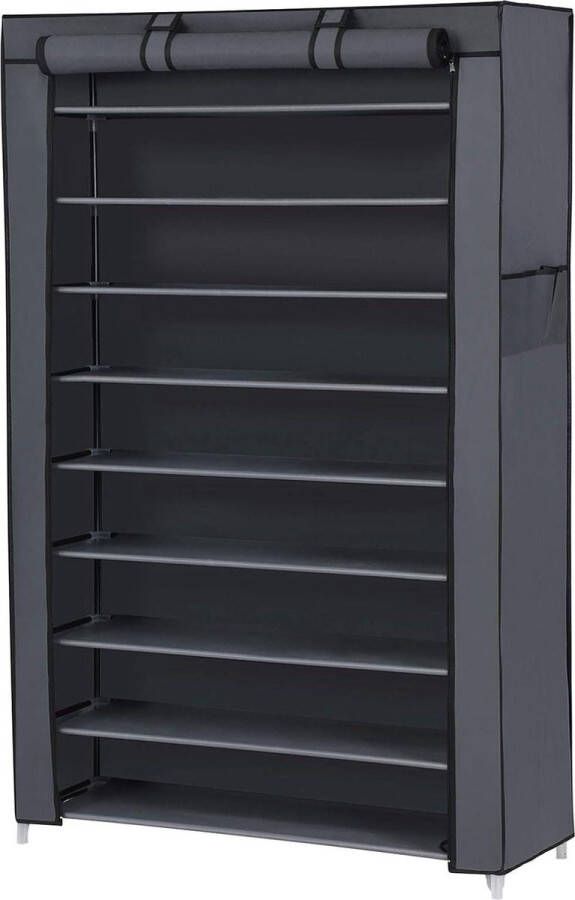Schoenenrek 10 niveaus 28 x 88 x 160 cm schoenenkast met stofkap hoge hakken opberger grijs metalen frame RXJ36G