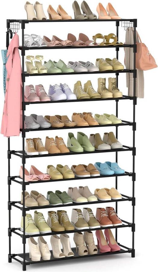 Schoenenrek 10 niveaus metalen schoenenkast 50 paar schoenen schoenenorganizer 155 cm hoog schoenenopslag ruimtebesparend zwart hal woonkamer entree