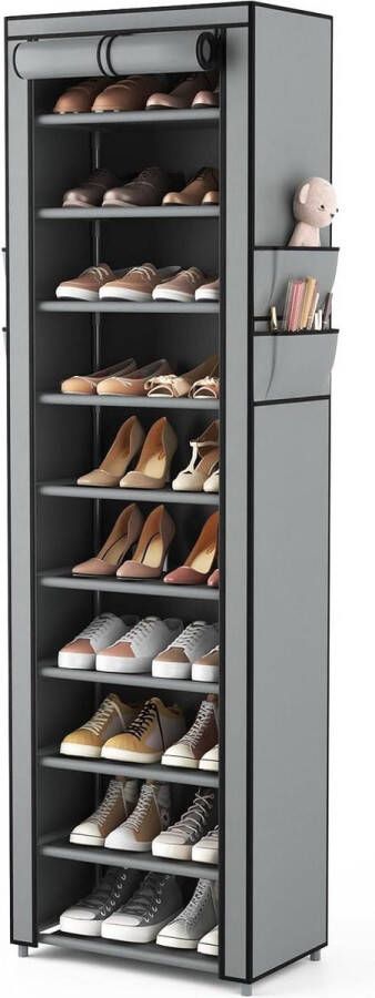 Schoenenrek 10 niveaus smal en hoog voor 20-22 paar schoenen opbergrek van stof met stofdichte hoes ruimtebesparend
